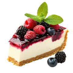 Cheesecake slice with berries and mint on transparent background