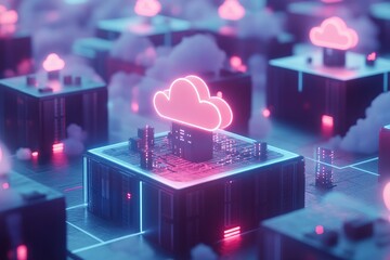 Abstract representation of cloud computing infrastructure, with glowing pink clouds atop dark metallic server cubes