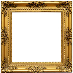 Luxurious gold picture frame with floral and scroll accents, perfect for classic art displays. Isolated on white or transparent background. PNG for easy use.