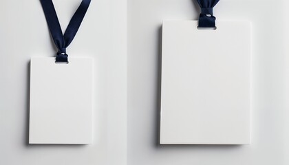 Two blank tags with navy ribbons on a white background and copy space