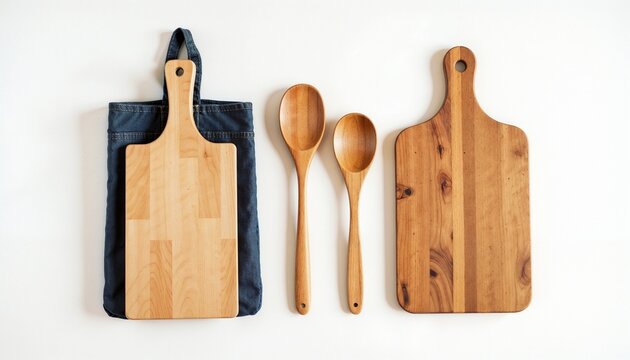 Wooden kitchen utensils and cutting boards arranged on a light background - Powered by Adobe