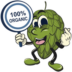 vintage hops vektor illustration mascot character showing a 100% organic sign, work of hand drawn