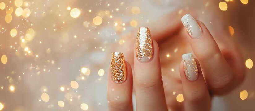 Close-up of elegant nails with gold glitter accents on a soft, blurred bokeh background