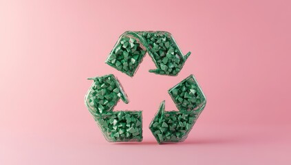 Recycled symbol, teal, pink background