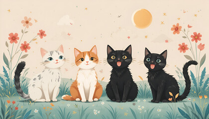 Cute cartoon feline illustration of a black cat on the grass with red flowers playing with a mouse