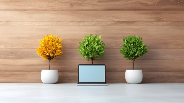 Minimalist remote work area with empty display and natural greenery