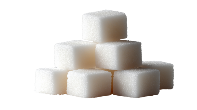 Stacked sugar cubes isolated on transparent background, white crystalline cubes, sweetener blocks, clean geometric shapes, food ingredient, baking essential, refined sugar, simple composition.