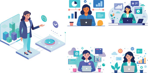 A modern vector illustration set featuring diverse professional women engaged in digital workspaces, representing roles in data analytics, remote work, digital marketing, software development, and pro