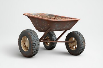 Rustic four-wheeled all-terrain wheelbarrow, an innovative 3D render of a heavy-duty garden or industrial cart designed for rugged landscapes and tough hauling tasks