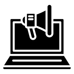 Digital Campaign - Glyph Black Fill Silhouette - Laptop with loudspeaker — represents online marketing or promotional campaign