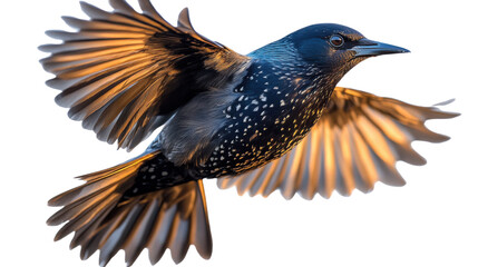 Obraz premium Starling bird in flight, full body isolated on transparent background with wings spread, showcasing feather detail and natural motion. Ideal for wildlife art, educational visuals, and nature compositi