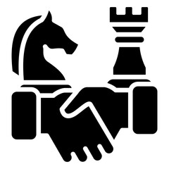 Strategic Deal - Glyph Black Fill Silhouette - Handshake with chess pieces, representing strategic partnership and business agreement
