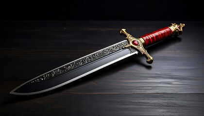 Ornate Dagger with Dark Wood Table.