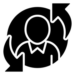 Adaptive Thinking - Glyph Black Fill Silhouette - rotating arrow around a person, indicating agile thinking and adaptive business team