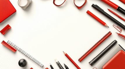 Boost your productivity, a modern red and white desk setup with essential office supplies