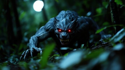 Fototapeta premium In the depths of a tropical jungle at night, a menacing creature prowls stealthily, its glowing red eyes scanning the dark foliage. Lush green plants surround it as it advances