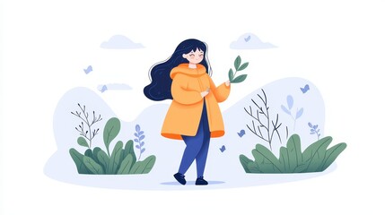 Woman in yellow coat explores the enchanting beauty of an autumn forest path