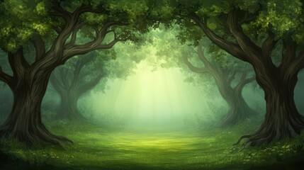 Fototapeta premium Enchanted forest path, a journey to the light through majestic trees and lush greenery
