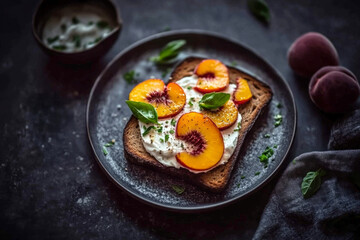 Toast topped with fresh peaches, herbs, and a sprinkle of nuts is served on a wooden board. Juicy peaches and vibrant greens create a seasonal breakfast delight