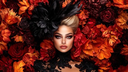 Elegant woman poses amidst vibrant red and orange floral arrangements, adorned with a dramatic black feathered headpiece and lace neckline.