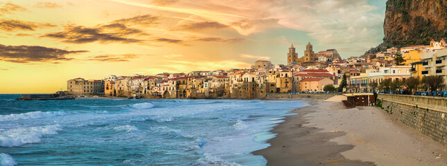 Italy travel, Sicily island, beautiful coastal town Cefalu over sunset
