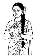 Line Art of Ancient Indian Woman in Namaste Pose with Traditional Saree and Floral Braid