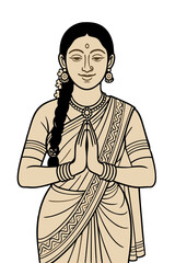 Line Illustration of Traditional Indian Woman Greeting with Joined Hands