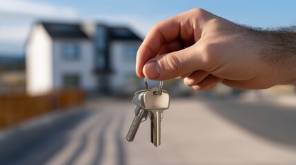 A close-up of a hand offering keys symbolizes the exciting journey of homeownership in front of a modern house