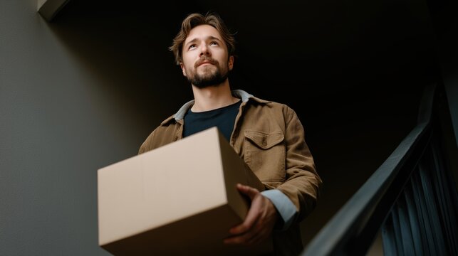 A young modern man is seen carrying a box while moving through a contemporary interior.