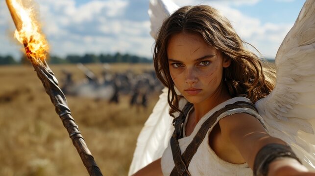 In a vast field under a bright blue sky, a fierce warrior with angelic wings holds a flaming spear ready for battle. The landscape is dotted with distant warriors preparing for confrontation - Powered by Adobe