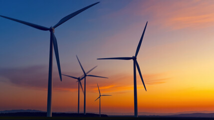 Fototapeta premium Tall wind turbines dominate the horizon, turning gracefully in the breeze as a vibrant sunset bathes the sky in warm hues. This tranquil scene showcases renewable energy's beauty