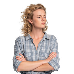 A troubled woman looking down with concern, arms crossed tightly, isolated no background, real photo, stock photography
