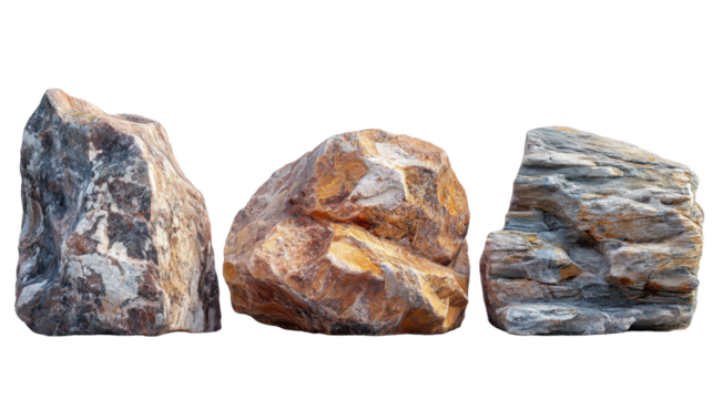 Stone and rock set isolated on transparent background, featuring various natural shapes and textures. Ideal for landscaping designs, nature elements, game assets, and architectural visuals.

