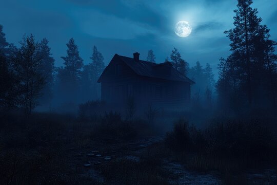 Spooky old house in foggy forest at night - Powered by Adobe