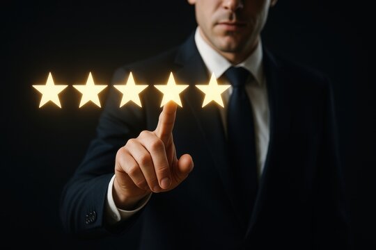 Customer Feedback: A poised professional, dressed in a sharp suit, confidently touches a digital screen, illuminating five stars – an unmistakable signal of top-tier service.