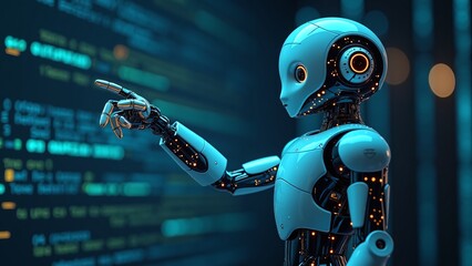 A humanoid robot interacts with a digital interface, showcasing advanced AI technology.