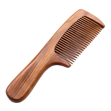 Brown wooden comb with handle isolated on white background