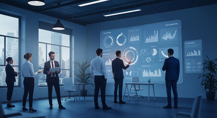 Business Team Analyzing Data on Digital Dashboard &ndash; Flat Vector Design