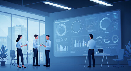 Business Team Analyzing Data on Digital Dashboard – Flat Vector Design