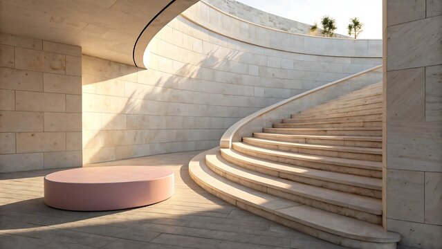 Architectural interior featuring curved staircase and pink circular platform bathed in warm sunlight