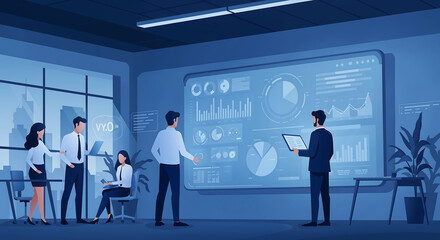Fototapeta premium Business Team Analyzing Data on Digital Dashboard – Flat Vector Design
