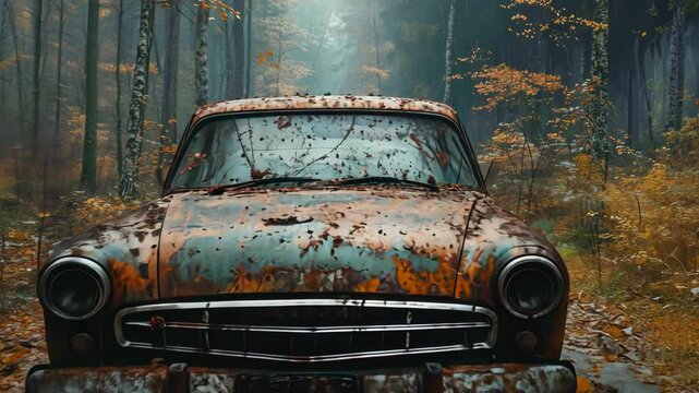rusty vintage car abandoned among fall foliage and woodland trees in autumn forest setting