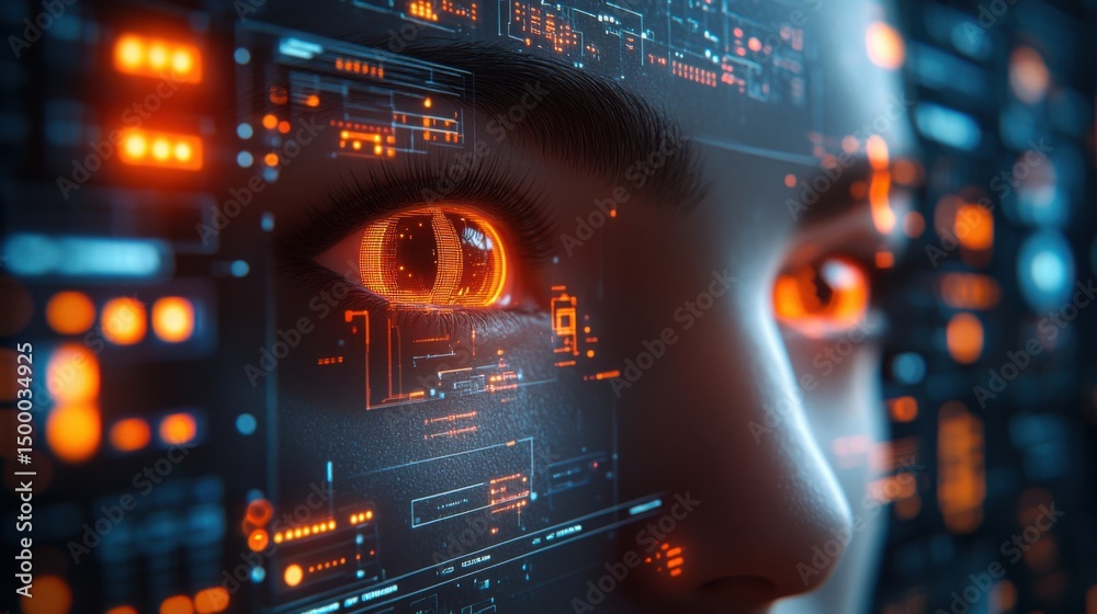 Poster a person gazes intently with glowing orange eyes amidst an intricate digital interface filled with g