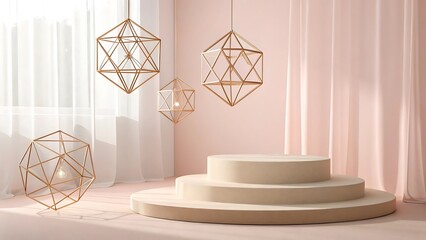Elegant geometric lighting fixtures decorating modern styled product display podium