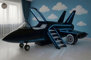 Airplane Bed with LED Lights in a Child's Room