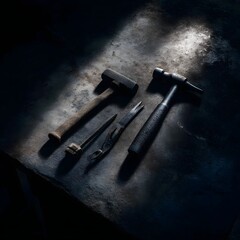 Industrial tools on a metal workbench with dramatic lighting