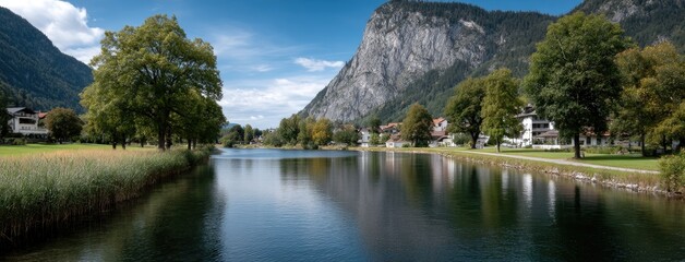 A calm Alps lake reflects blue skies and mountains, with green grass, flowers, and a village enhancing the serene scenery