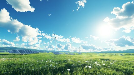 A vibrant landscape showcasing renewable energy sources, including wind turbines and solar panels, amidst lush green fields under a bright blue sky with fluffy clouds.