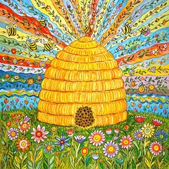 Whimsical folk art of a beehive in a flower field with bees in a mandala formation Sun casting floral beams in the sky