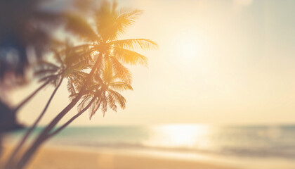 Obraz premium tropical beach with palm trees background with copy space. Generated Image